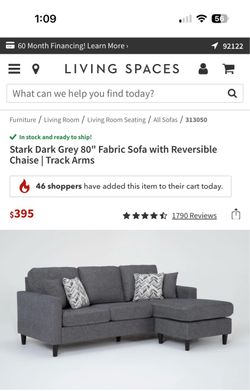 Grey 80" Fabric Sofa with Reversible Chaise | Track Arms