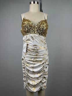 Gold Sequin Bust Ruched Metallic Print Bodycon Dress Womens Medium