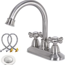 Brushed Nickel Bathroom Faucet with Drain Assembly and Supply Hose, 2-Handle 4 Inch Centerset Faucet for bathrooms,High Arc Swivel Spout Bathroom Sink