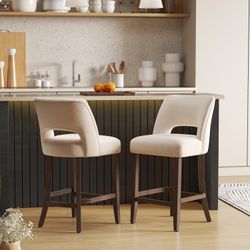Bar Stools Set of 2, 26" Upholstered Counter Height Bar Stools, Modern Counter Stools with Wood Legs for Kitchen Island Dining Room Bar, Beige