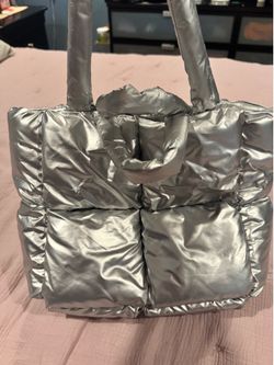 Silver Quilted Puffer Tote Bag