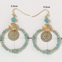 Boho Turquoise Gold Drop Earrings NWOT Beaded Blue