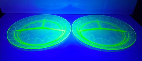 Uranium Anchor Hocking Cameo Divided Glass Plate 10.5" Set of 2 VTG Glassware