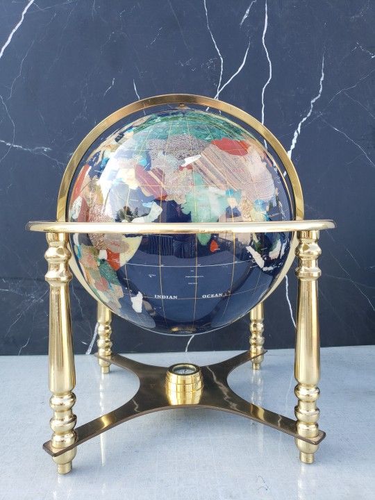 Collectible Gemstone World Globe ~20" Tall With Tripod Gold Tone Stand ~19"DI