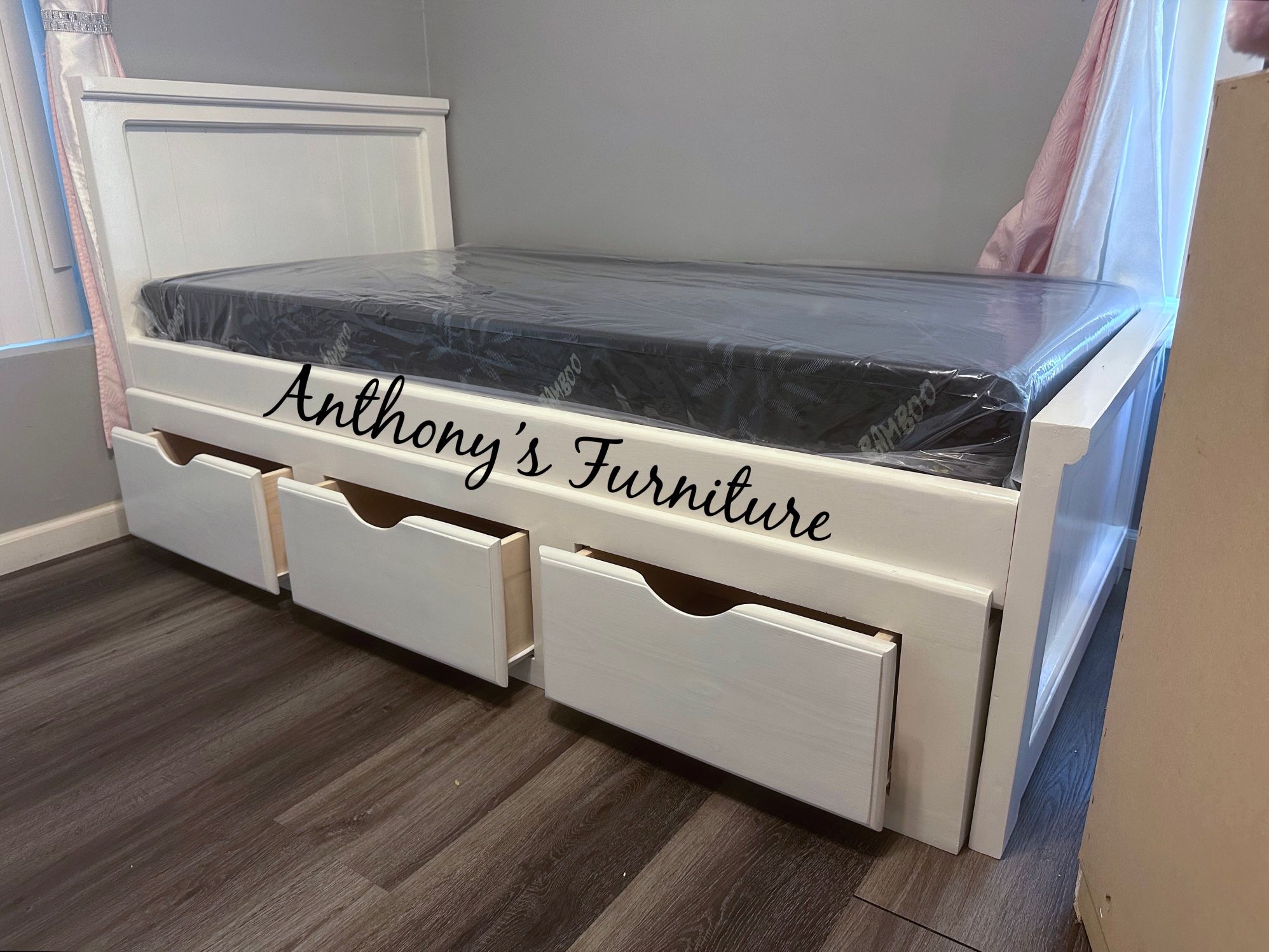 Solid Wood White Twin Bed & Foam Mattress With Drawers 