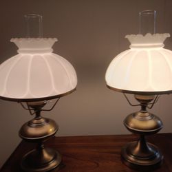 lot of 2 milk glass and gold metal 60s table lamps lights hurricane style vintage  globes