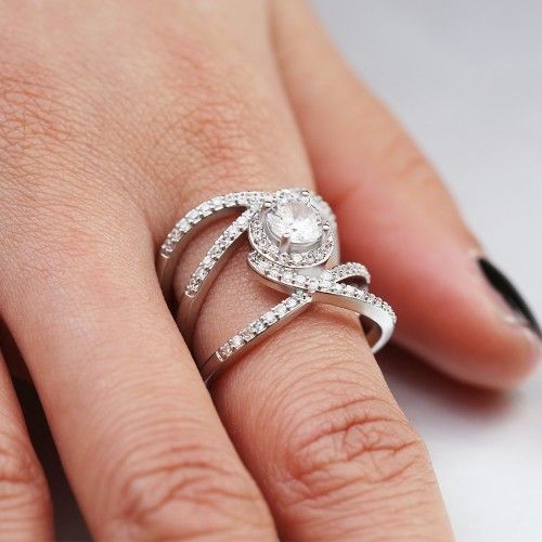 "Four Lines Crossing Round Zircon Trendy Wedding Rings for Women, EVGG1545