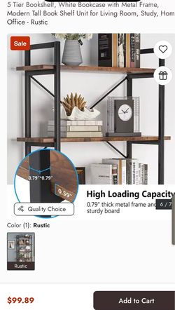 5-Tier Bookshelf with Metal Frame, Rustic