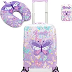 Kid's Luggage Set 2 Piece Suitcase Set 16" Hardside Luggage with Spinner Wheels Girls Carry on Toddler Travel Rolling Suitcase with Neck Pillow Airlin