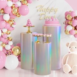 Wokceer 3-Piece Cylindrical Pedestal Covers for Parties, Iridescent Spandex Cylinder Stand for Party Covers, Baseboard Pedestal, Pillar Cover for Birt