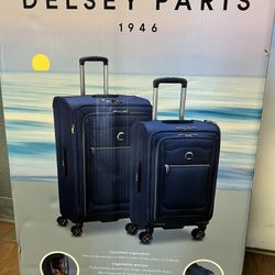 2 PIECE BLUE Delsey Paris Soft Sided Spinner Carryon Checked Bag Luggage 30" 23"