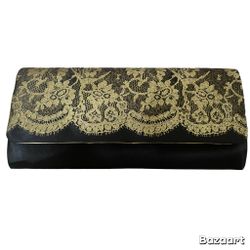 Vtg New Avon Ultimate Clutch Handbag Black  & Gold Satin With Gold Glitter Lace