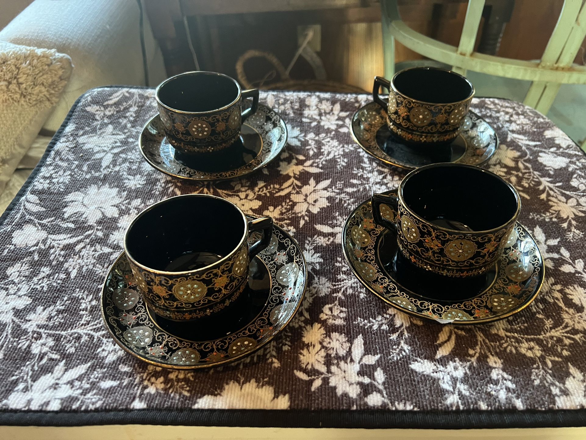 4 Cups With Four Saucers, Gibson And Sons Greek Border Made In England Black Gold Style