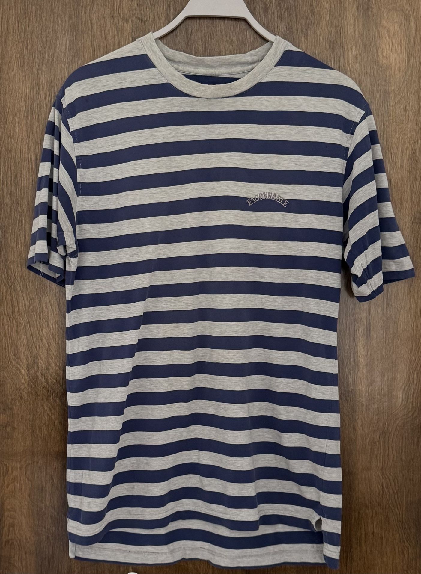 Vintage Faconnable Women’s Striped Gray Blue 100% Cotton T-shirt, size M
