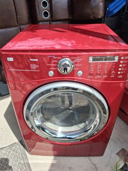 Red Samsung front load electric dryer