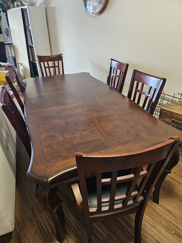 Solid Wood Dining Table With 2 Inserts & 6 Chairs