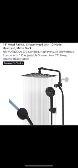 12" Metal Rainfall Shower Head with 10-Mode Handheld, Matte Black NSF/ANSI/CAN 372 Certified, High Pressure Showerhead Combo with 11" Adjustable Showe
