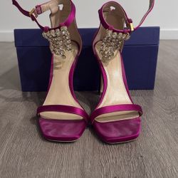  Stuart Weitzman Fuchsia Satin Heels with Crystal Buckle – Size 37.5