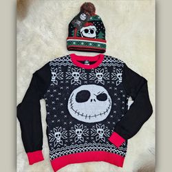 The Nightmare Before Christmas Jack Skellington Boys Sweater with Matching beanie Hat-Size XL (14-16)