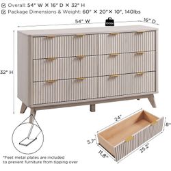 NEW-T4TREAM Fluted 6 Drawers Dresser, 54" Wide Modern Chest of Drawers, Curved Profile Design, Dresser TV Stand, Wood Drawer Organizer for Bedroom, Li