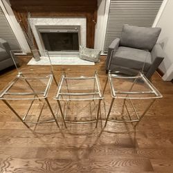 Three CB2 Chiaro Clear Acrylic Counter Stools With Nickel Legs