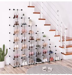 SONGMICS Shoe Rack Interlocking Plastic Organizer DIY Storage Cabinet Set of 32 Cube - White