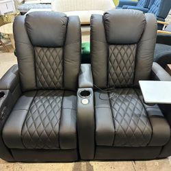 Home Theater Seating Top Grain Leather Recliner Chair Power Headrest and Recline Movie Seats Gaming Sofa with Tray Table Type-C USB Charge Cup Holders