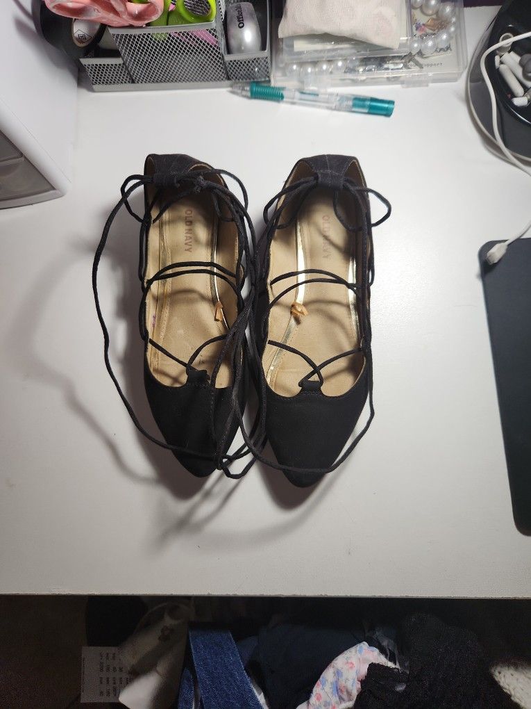 Old Navy Black Suede Strap Wrap Up Ballet Flats