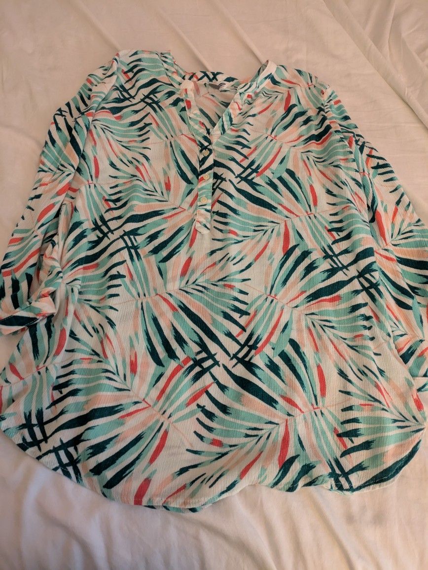 Tropical Print Long Sleeve Blouse Size Large