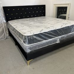 Bed Frame, New black Fabric With Gold Trim, Free Delivery. 