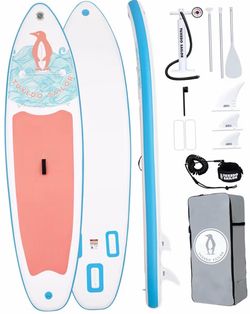 Inflatable Paddle Board with Accessories 10'6'' Stable SUP light pink blue white 33” 6” 400lbs pump