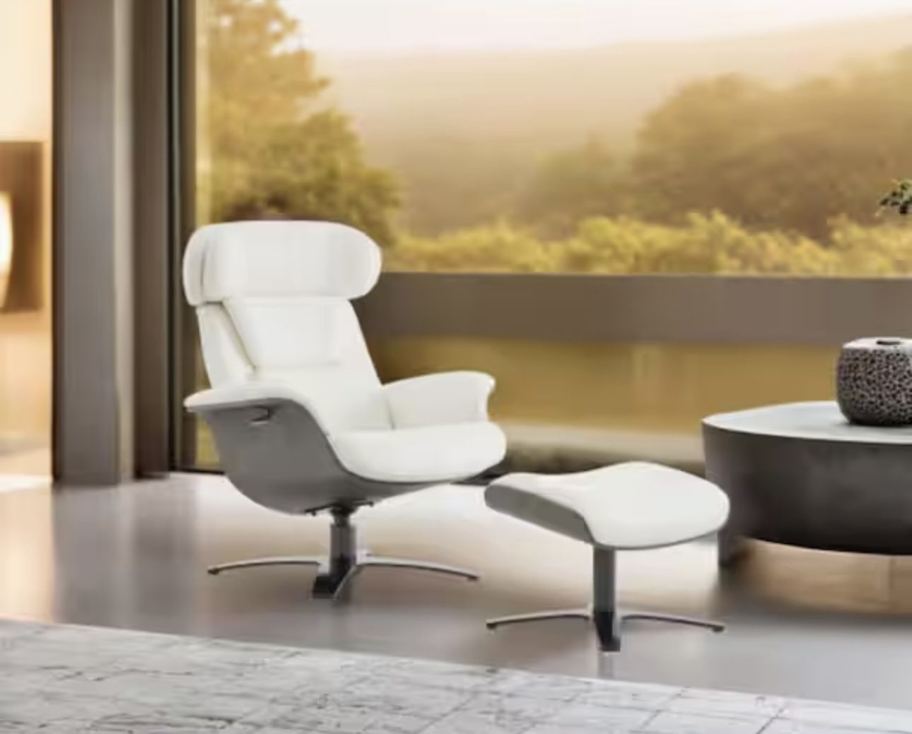 Theo Genuine Leather Recliner Swivel Chair with Ottoman and Adjustable Headrest for Living Room in White