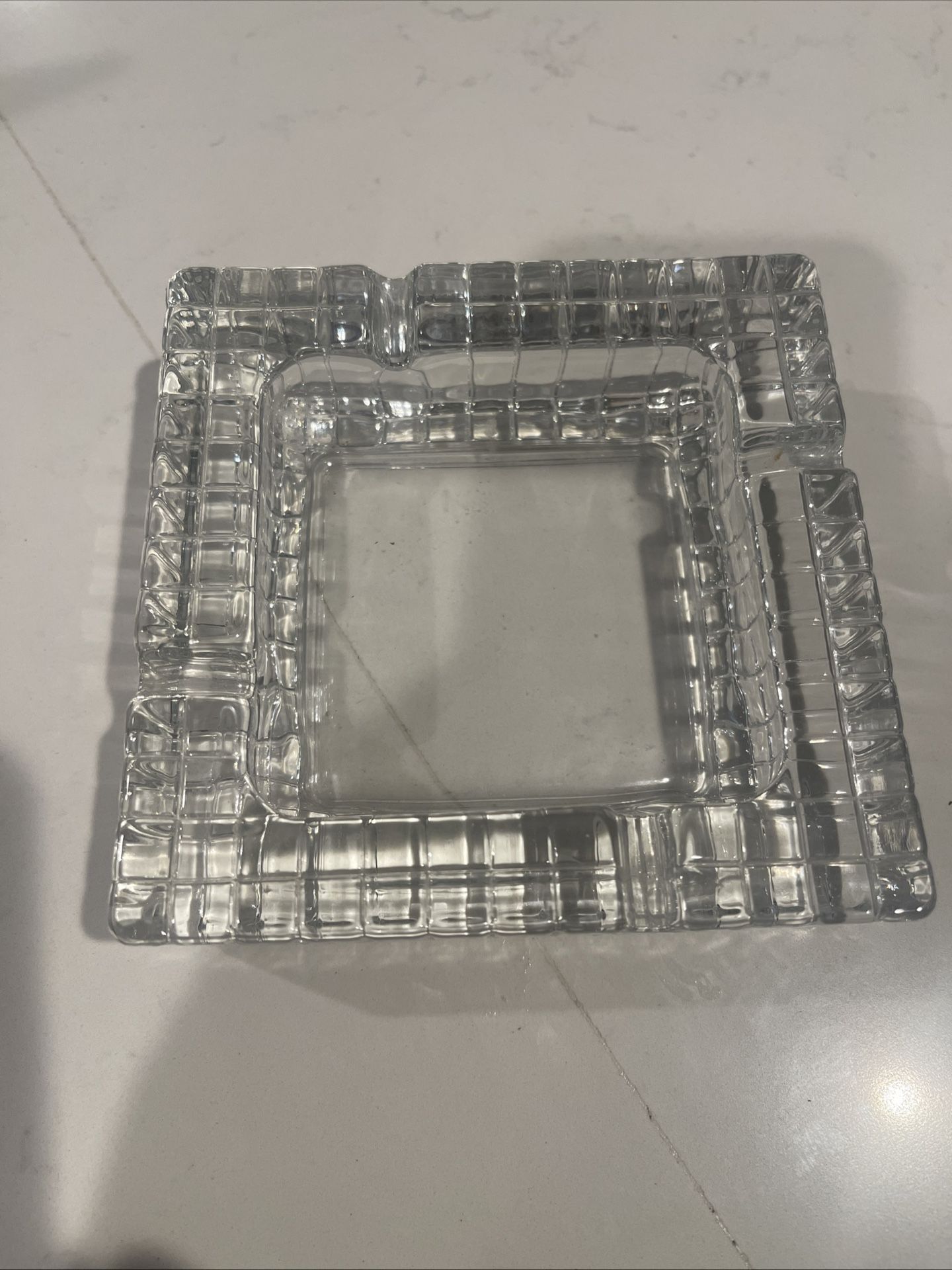 Vintage MCM Checkered Ashtray Art Deco Heavy Cut Glass