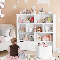 49.1" Kids Bookcase & Toy Organizer - 7-Cube Storage Shelf with 4 Drawers (2 Wheeled) & Anti-Tip Design, Modern Playroom Storage Cabinet for Books, To