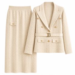 Women's Elegant Cream Tweed Blazer and Skirt Two-Piece Suit Set