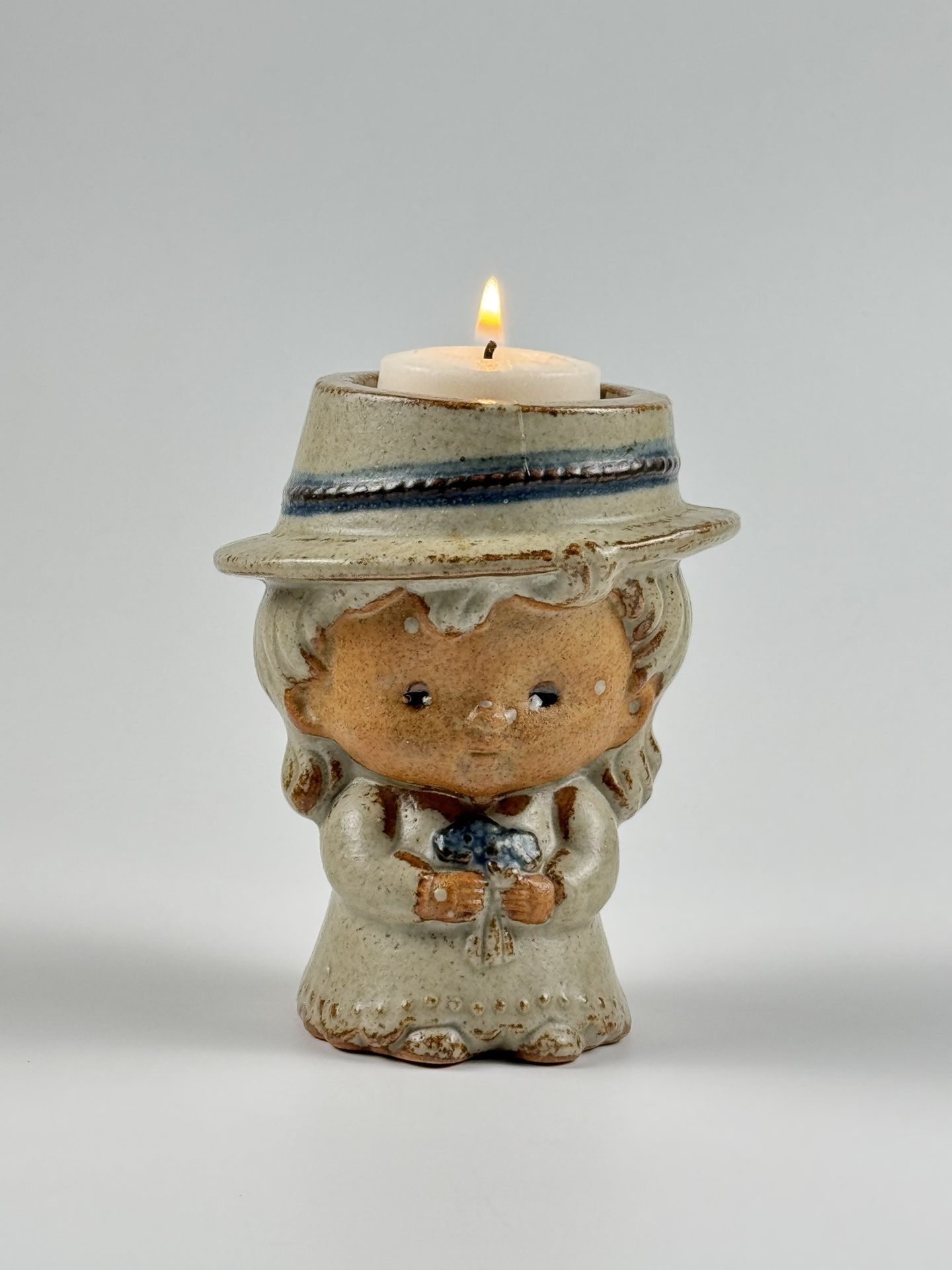 Vintage Stoneware Pottery Girl in Hat Votive Candle Holder / Vase