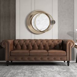 Modern Leather Sofa Couch, Chesterfield Sofa Couch, 3-Seat Sofa with Rolled Arm for Living Room