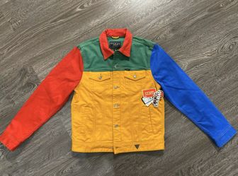 Guess x J BALVIN Vibras Denim Color Block Jacket Red Yellow Green Blue 2XL
