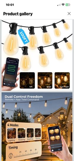 100FT String Lights Waterproof, LED Outdoor Lights with Remote APP Control GvvooHome Dimmable String Lights, Commercial Grade Shatterproof Edison Bulb