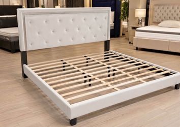 NEW IN BOX White Leather Platform Bed Frame King Size