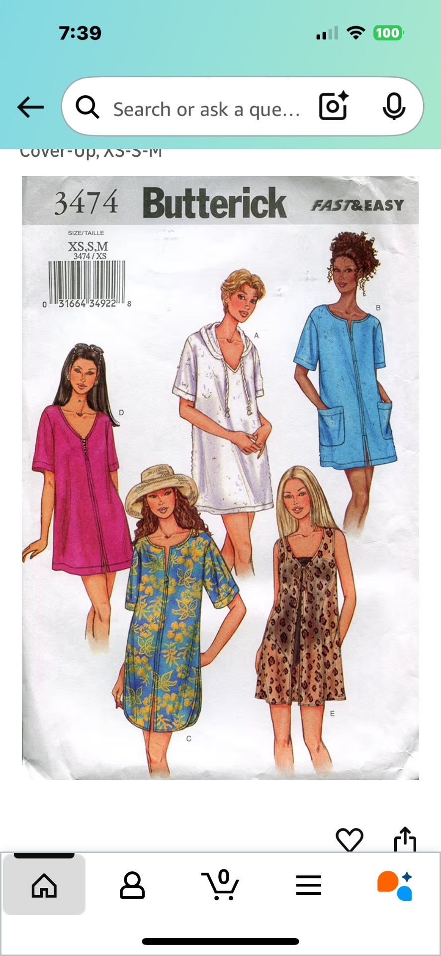 Vintage Butterick 3474  Fast&Easy Cover Up Sizes L-XL Uncut