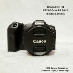 Canon EOS R8 Camera RF24-50mm F4.5-6.3 IS STM Lens Kit + FREE Camera Accessories (Speedlite, Tripod, Camera Bag)