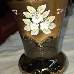 Vintage Harant Art Glass Bohemia Greenish Gold Glass With Gold And Enamel And Raised Floral Encrusted Design 4” diameter, 5.5” height C14V227