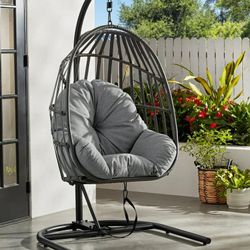 Mainstays Wicker Outdoor Patio Hanging Egg Chair with Gray Olefin Cushion
