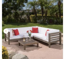 Oana gray 4-Piece Wood Outdoor Patio Sectional Set with White Cushions