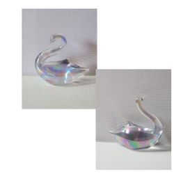 Vintage Toyo Iridescent Glass Swan Paper Weight Decor Lot Of 2
