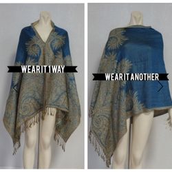 Reversible Turquoise Lightweight Swirl Pattern Poncho Shawl Pashmina 