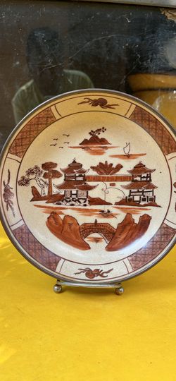 Vintage Japanese Porcelain Wares Brass encased Plate Hand Painted In Hong  Kong