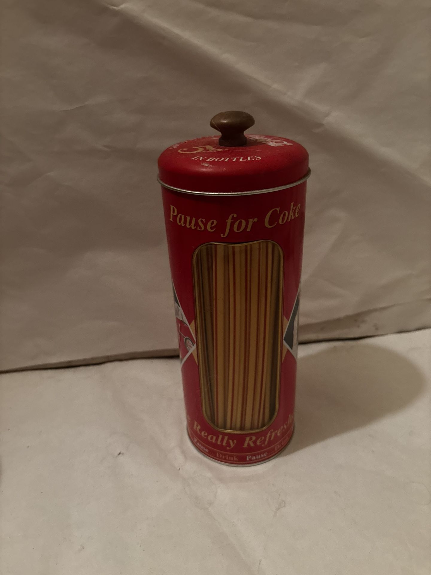 Coca Cola Metal Tin Straw Holder Coke 9-1/2" Tall