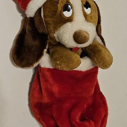 Vintage Mithy Christmas Stocking Santa Hat Puppy Dog Plush With Wondering Eyes